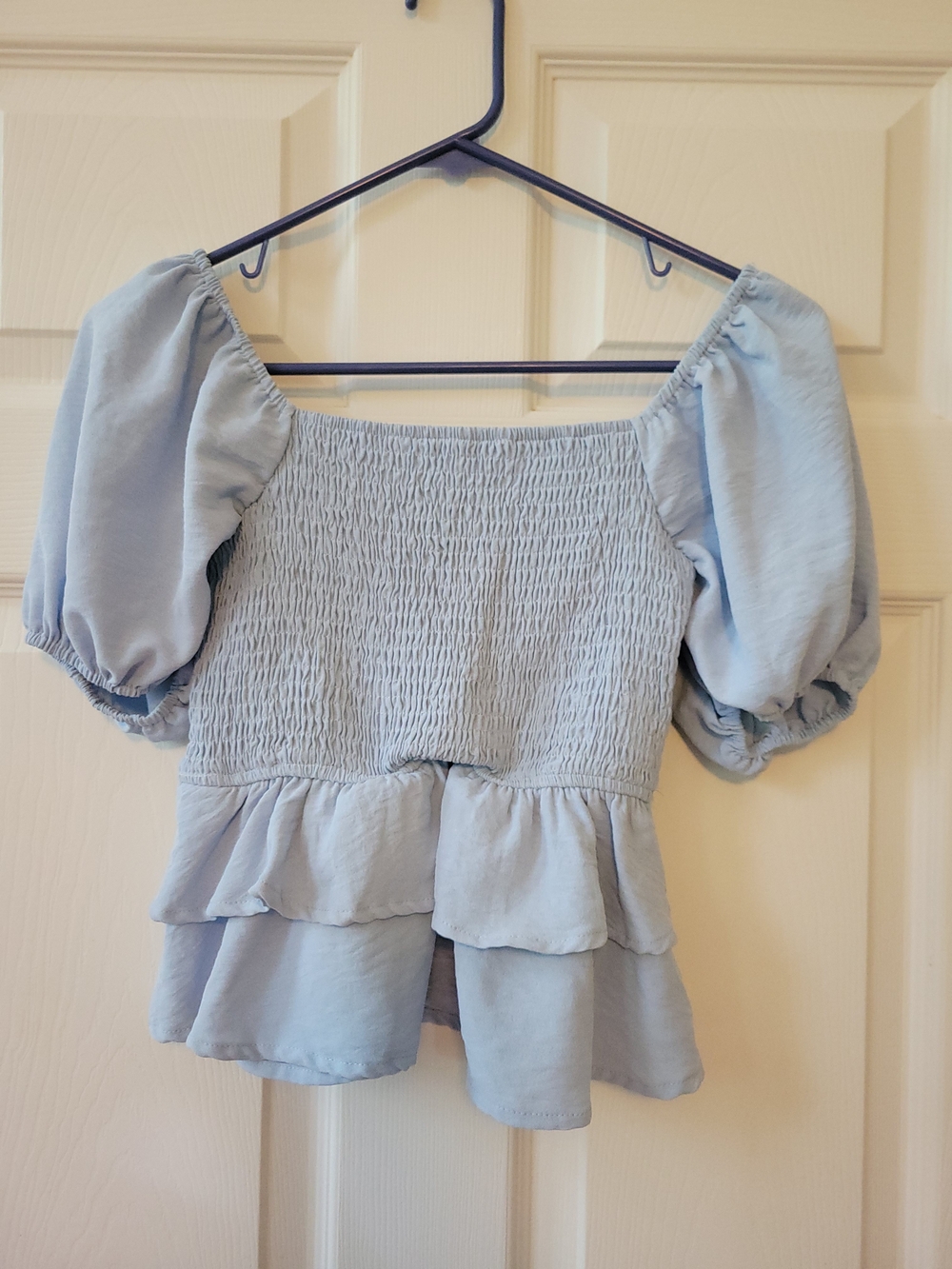 Altar'd State Light Blue Smocked Puff Sleeve Peplum Top, XS
